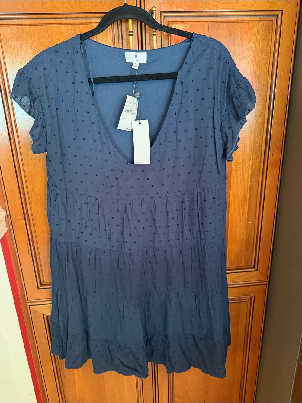 Socialite Navy Swiss Dot Tiered V-Neck Baby doll Dress